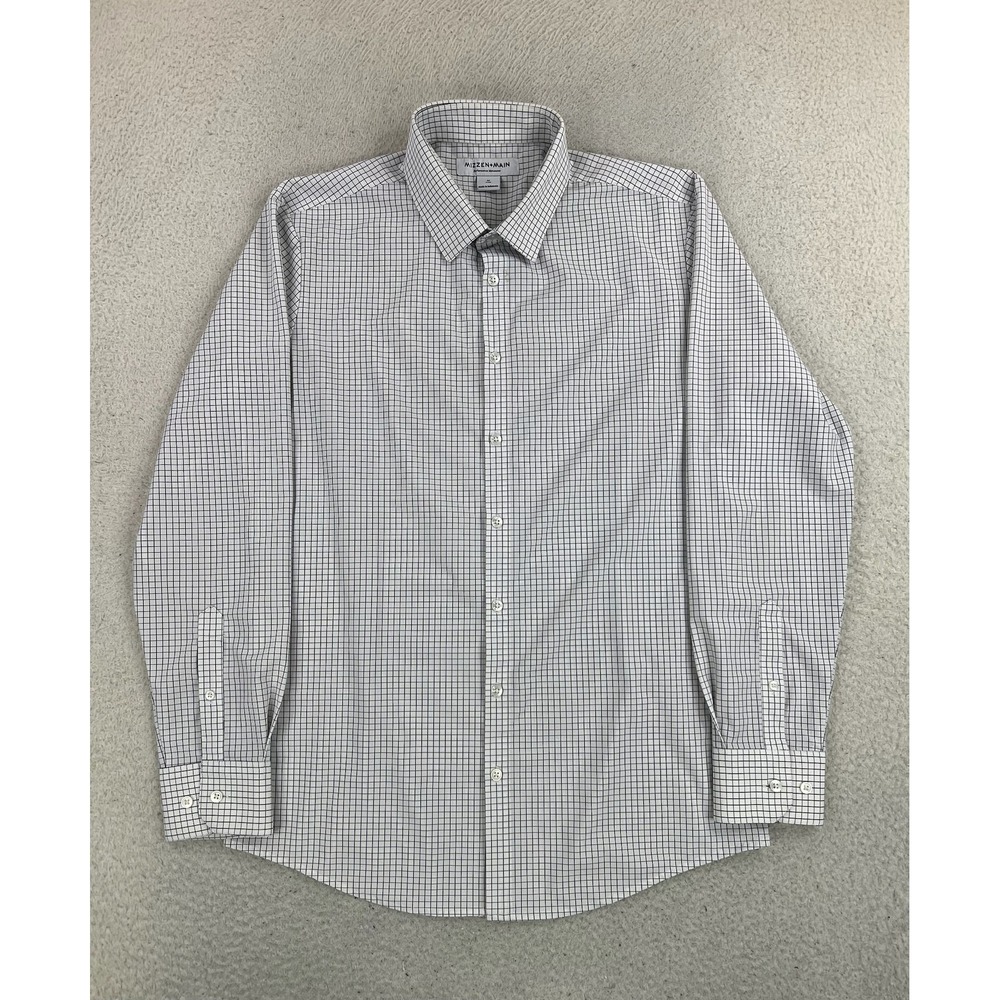 Mizzen+Main Dress Shirt Mens Medium White Check Trim Fit Performance LS